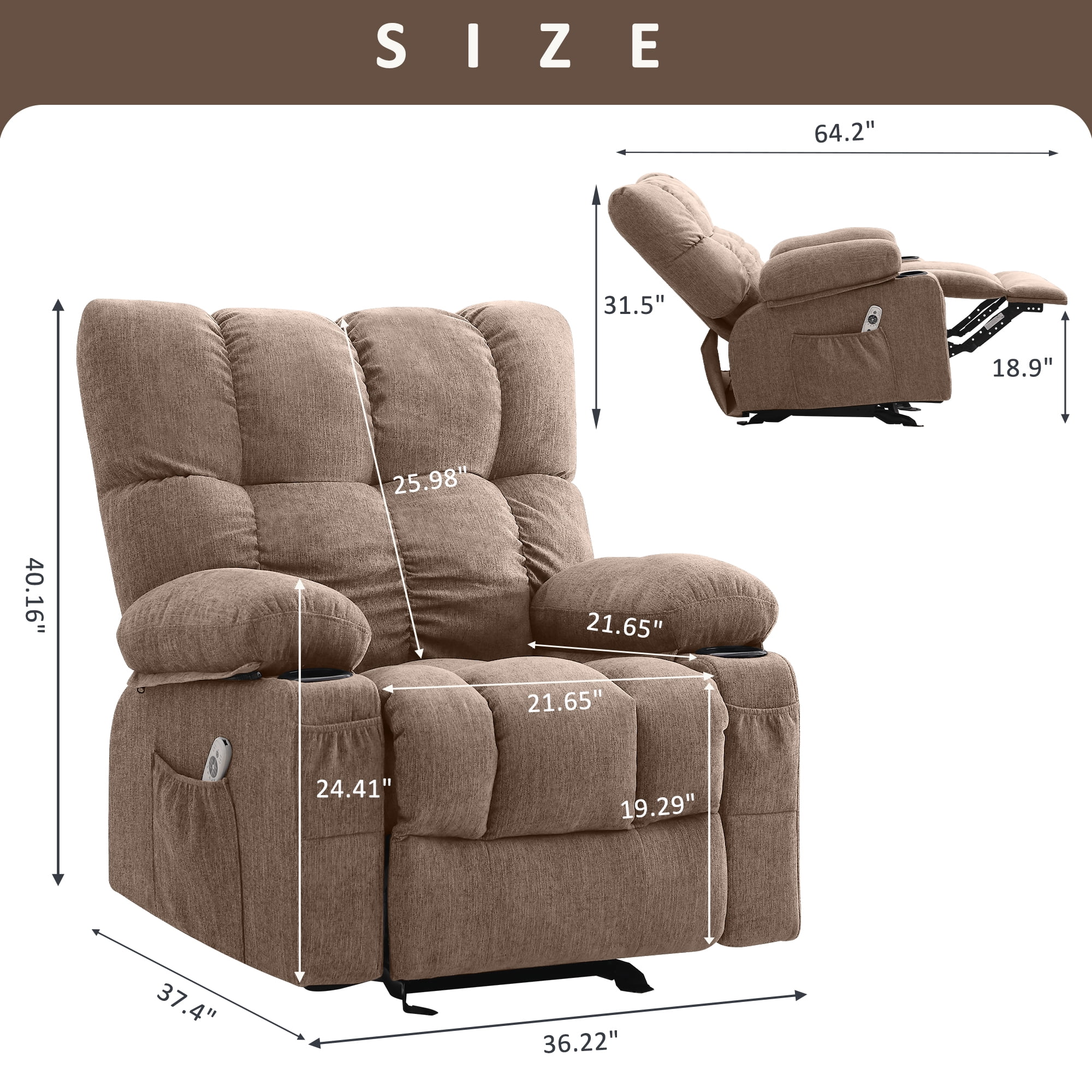 JONPONY Manual Recliner Chair with Heat Therapy and Massage Function, Heavy Duty Reclining Mechanism Massage Chair, Elderly Single Rocker Sofa with Cup Holders for Bedroom Home Theater, Grey