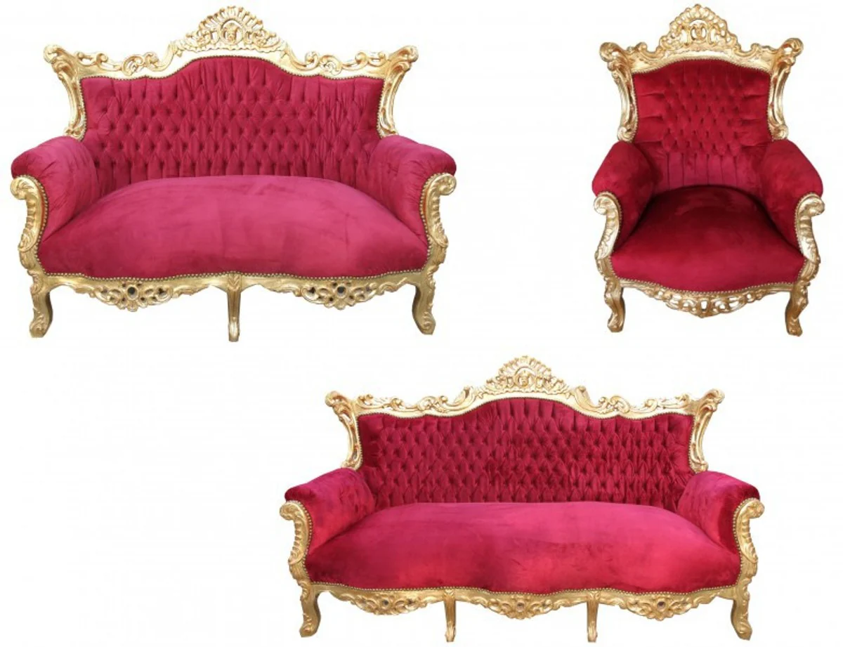 Baroque living room set Master Bordoaux red/gold - 3-seater sofa + 2-seater sofa + 1 armchair