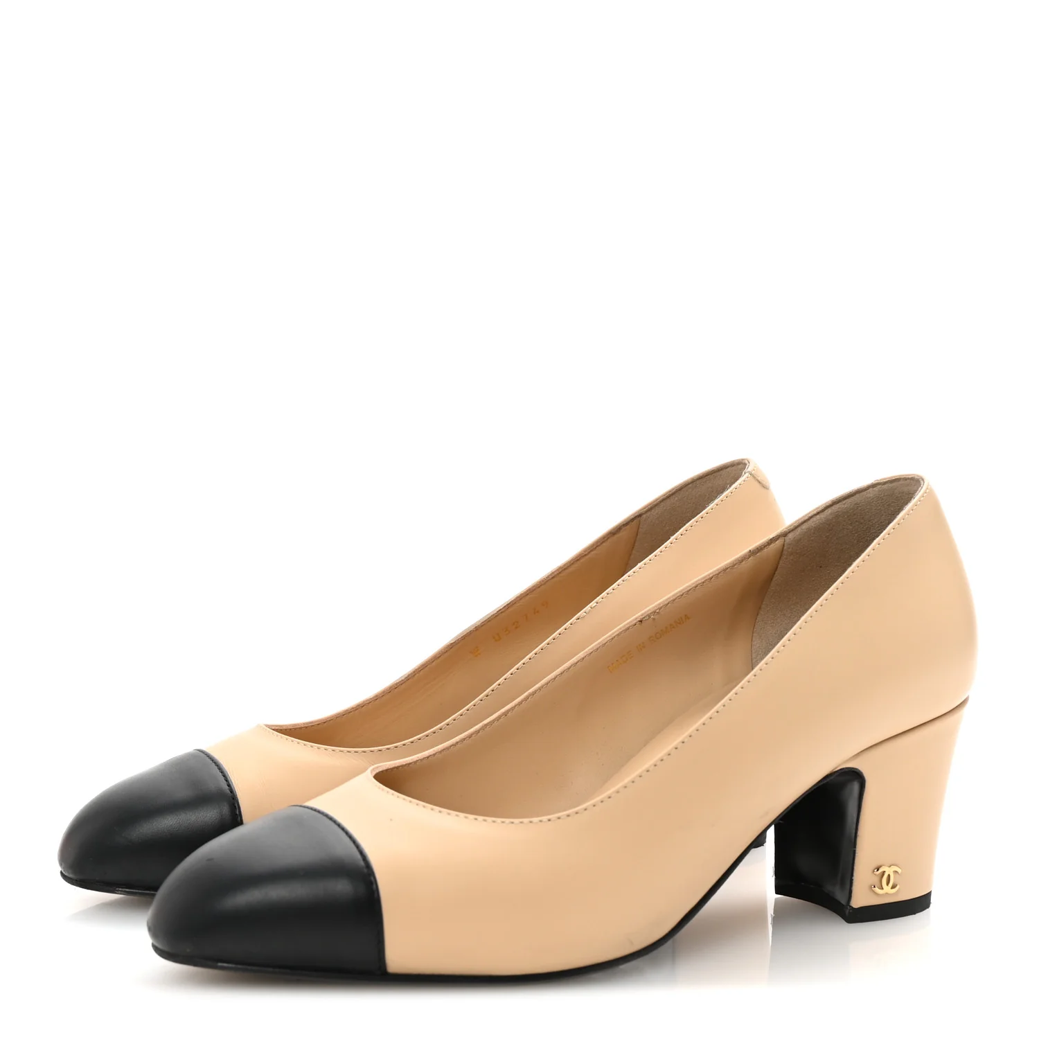 Lambskin Cap Toe CC Uniform Pumps 38 Beige Black - Top Club