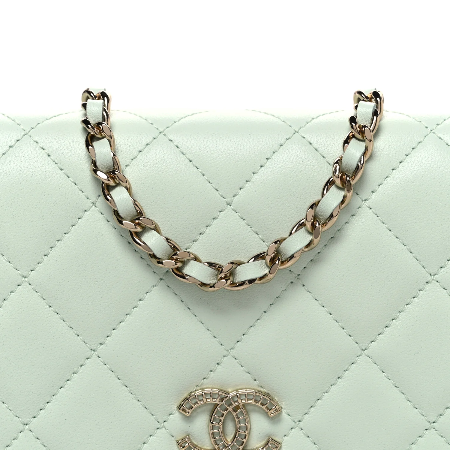Lambskin Quilted Textured CC Wallet On Chain WOC Light Green - Top Club