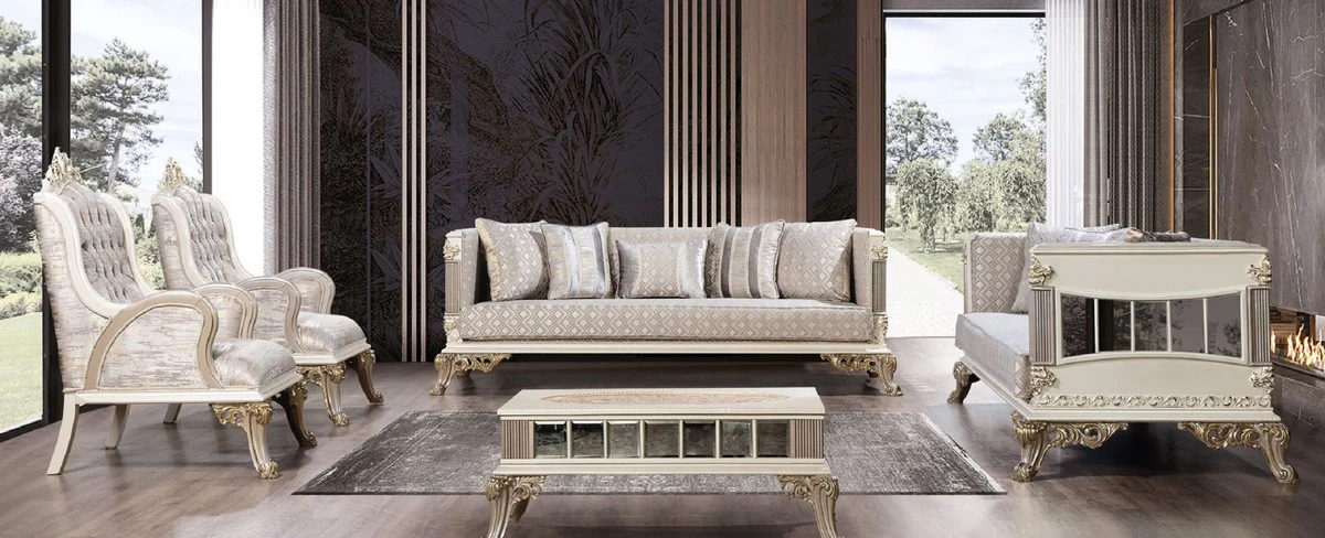 Luxury Baroque Living Room Set Silver / White / Gray / Gold - 2 Baroque Sofas & 2 Baroque Armchairs & 1 Baroque Coffee Table - Luxury Living Room Furniture in Baroque Style - Baroque Furniture