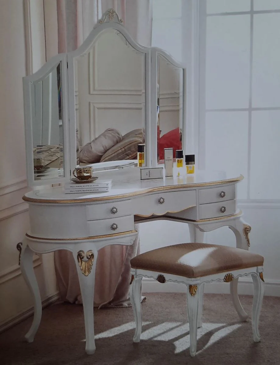 Luxury Baroque Bedroom Set White / Gold - 1 Baroque Dressing Table & 1 Baroque Mirror & 1 Baroque Stool - Baroque Bedroom & Hotel Furniture - Luxury Quality - Made in Italy