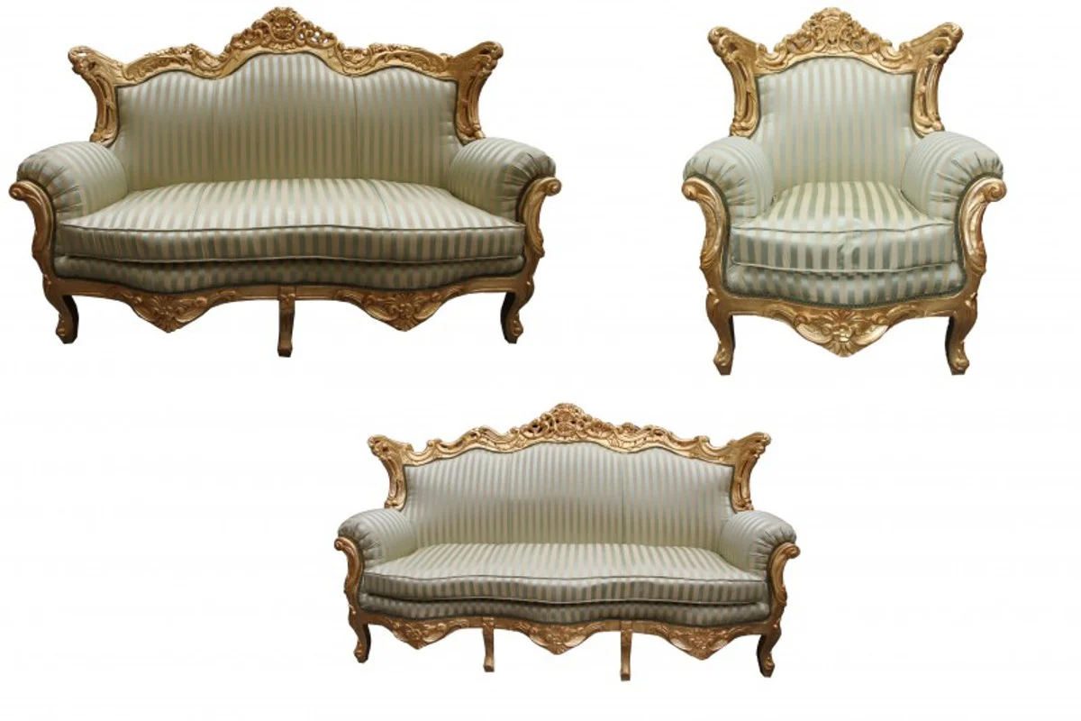 Baroque living room set jade green/gold - 3-seater sofa + 2-seater sofa + 1 armchair