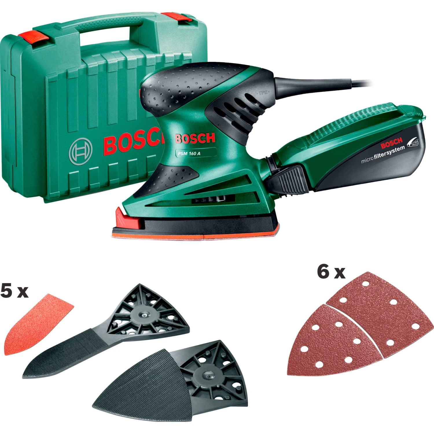 Bosch Levigatrice palmare Bosch PSM 160 A + 5 fogli e 3 prolunghe levigelosie
