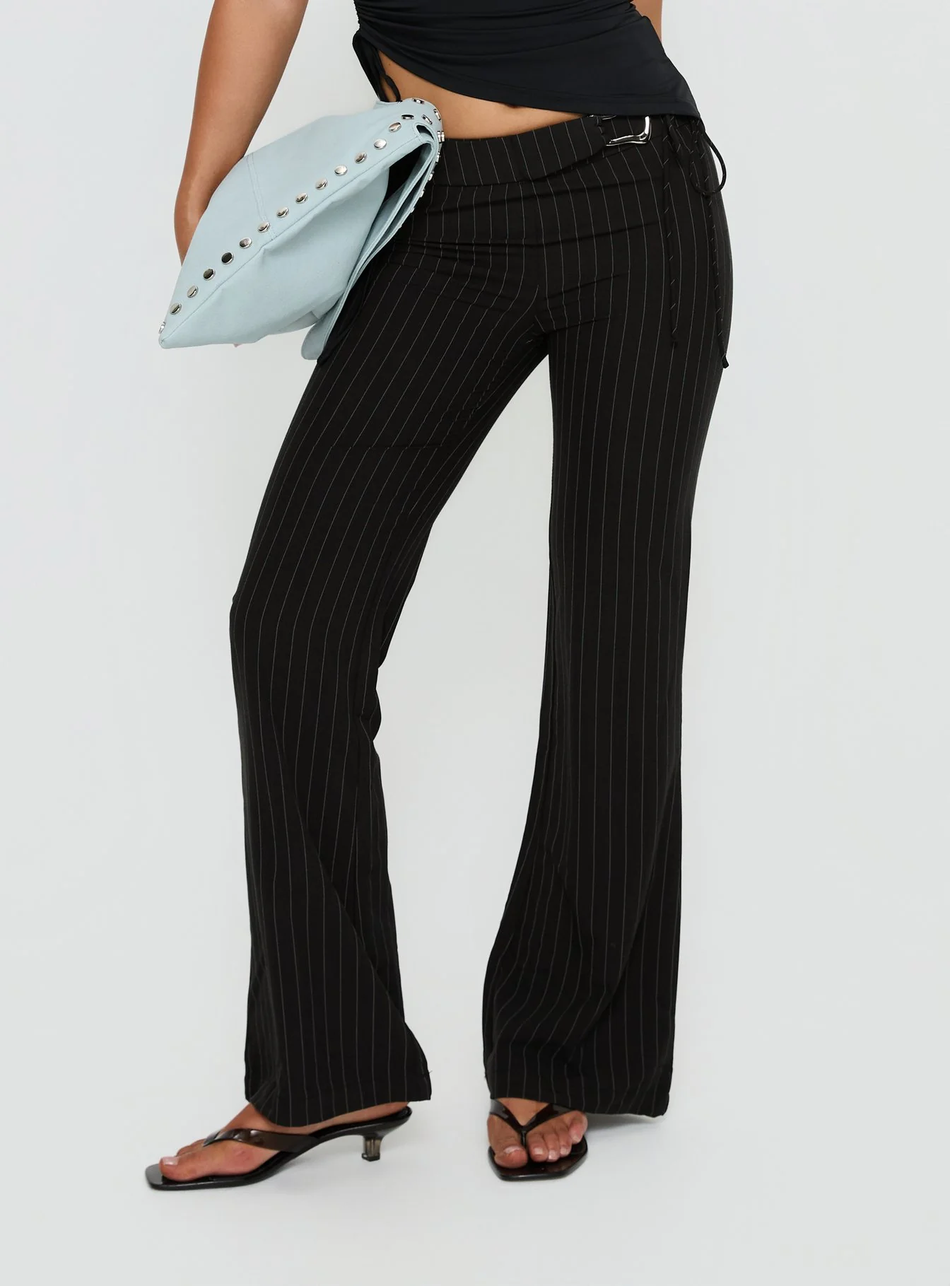 Louder Please Tie Side Straight Leg Pants Black Pinstripe