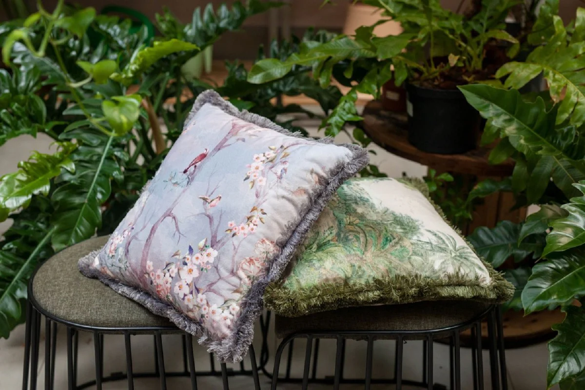 Luxury decorative cushion birds in the forest light gray / multicolored 45 x 45 cm - printed velvet cushion with fringes - living room decorative accessories