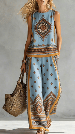 Women's Bohemian Ethnic Style Color-Blocked Trim Wide-Leg Pants Two-Piece Set - Nordfashionstorm - Women's Clothing, Fashion for You - Nordfashionstorm.com