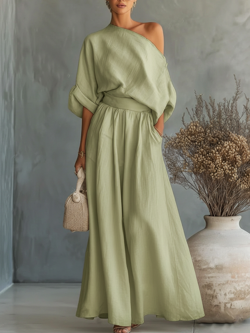 Women's Elegant Off-Shoulder Shirt and Wide-Leg Pants Two-Piece Set - Nordfashionstorm - Women's Clothing, Fashion for You - Nordfashionstorm.com