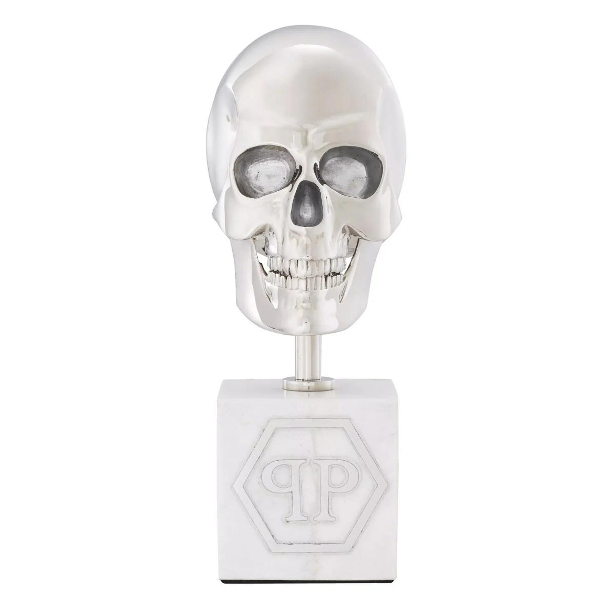 Philipp Plein luxury designer decorative skull platinum / white H. 20cm - skull sculpture made of marble base