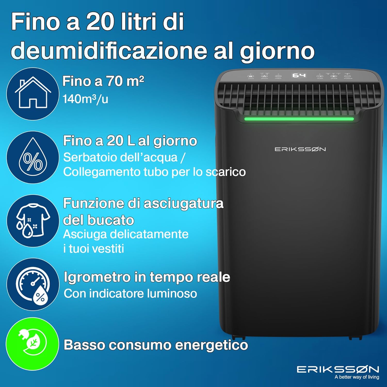 Deumidificatore con display LED, timer e blocco bambini | Rimuove 20 litri di umidità ogni 24 ore | Per stanze di circa 80 m² (175 m³) | risparmio energetico con sensore di umidità