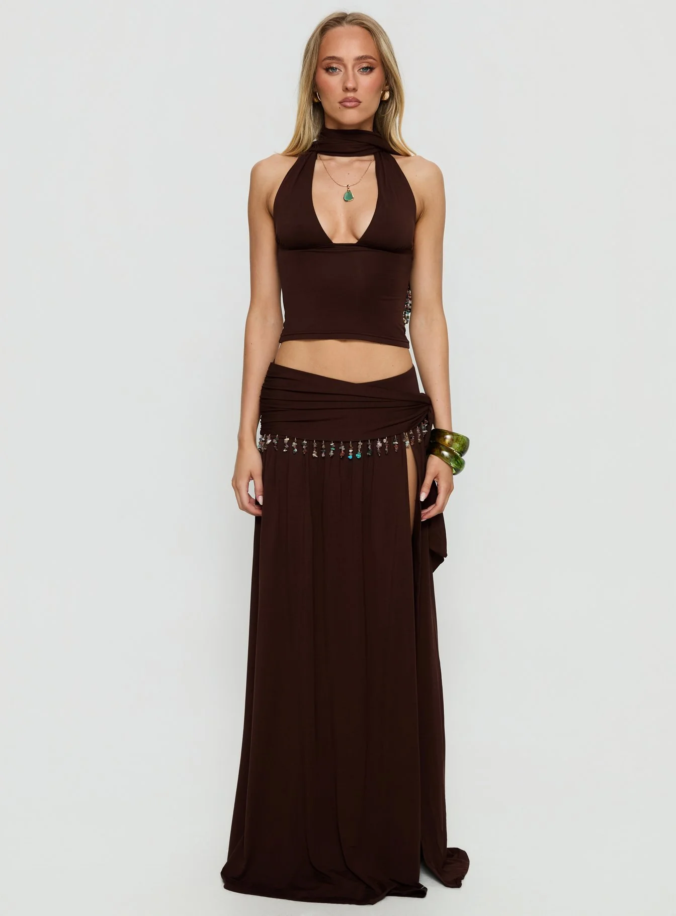 Spirita Beaded Sarong Maxi Skirt Brown