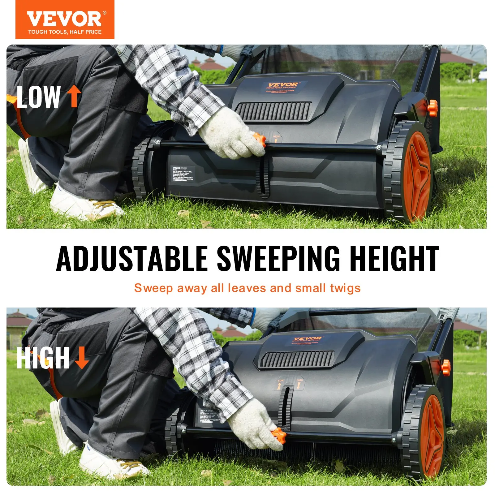 【Summerfinds】VEVOR Push Lawn Sweeper 21-Inch Leaf & Grass Collector with 3.5 cuftMesh Collection Hopper Bag 2 Spinning Brushes & Strong Rubber Wheels, Tools And Gadgets