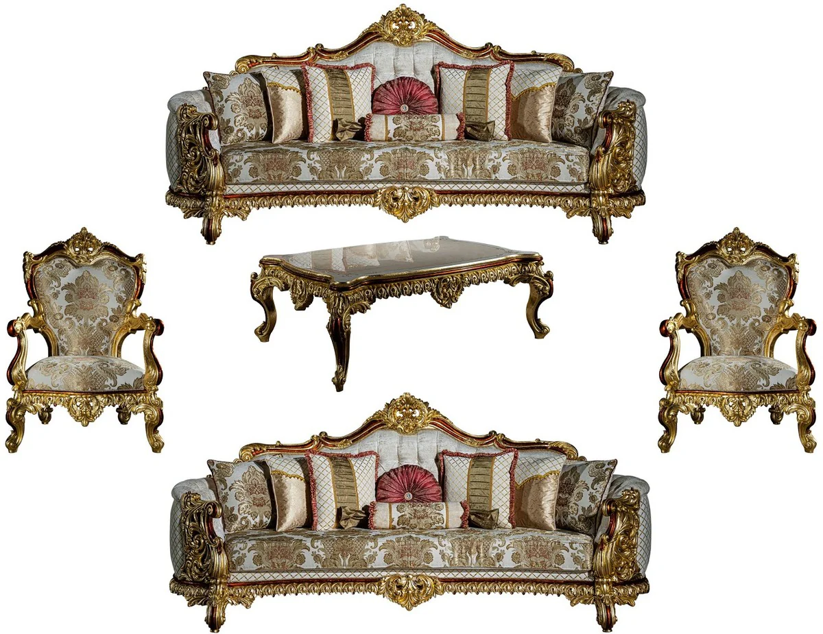 Luxury Baroque Living Room Set Gray / Red / Gold - 2 Sofas & 2 Armchairs & 1 Coffee Table - Living Room Furniture in Baroque Style - Noble & Magnificent