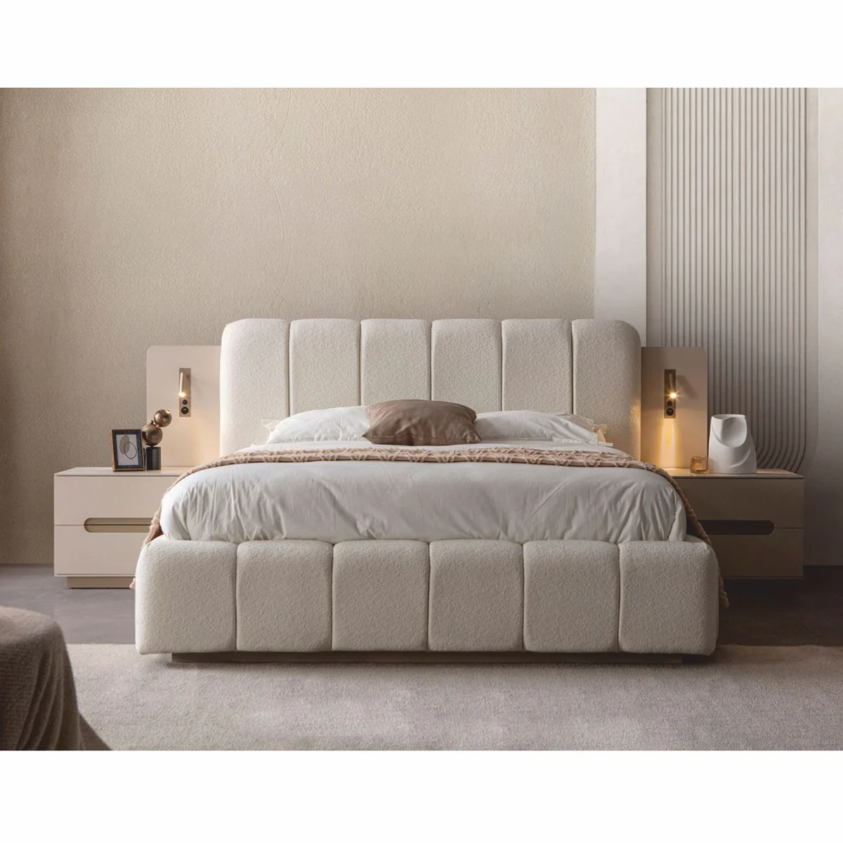 Luxury bedroom set white / gray - 1 double bed & 2 bedside tables