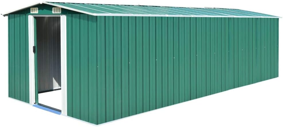 Gecheer Casetta da giardino in metallo, soluzione di archiviazione esterna con doppia porta scorrevole, 257 x 580 x 181 cm, struttura in acciaio zincato, per attrezzi e mobili da giardino