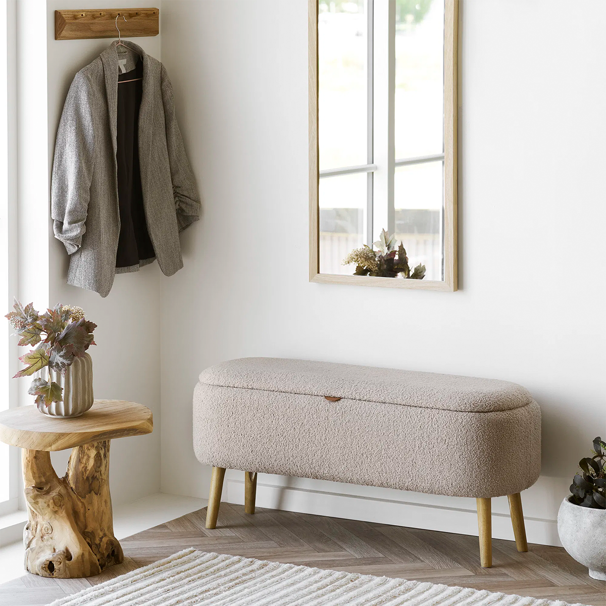 Bankje Rebecca met opbergruimte beige bouclé 95x45 cm