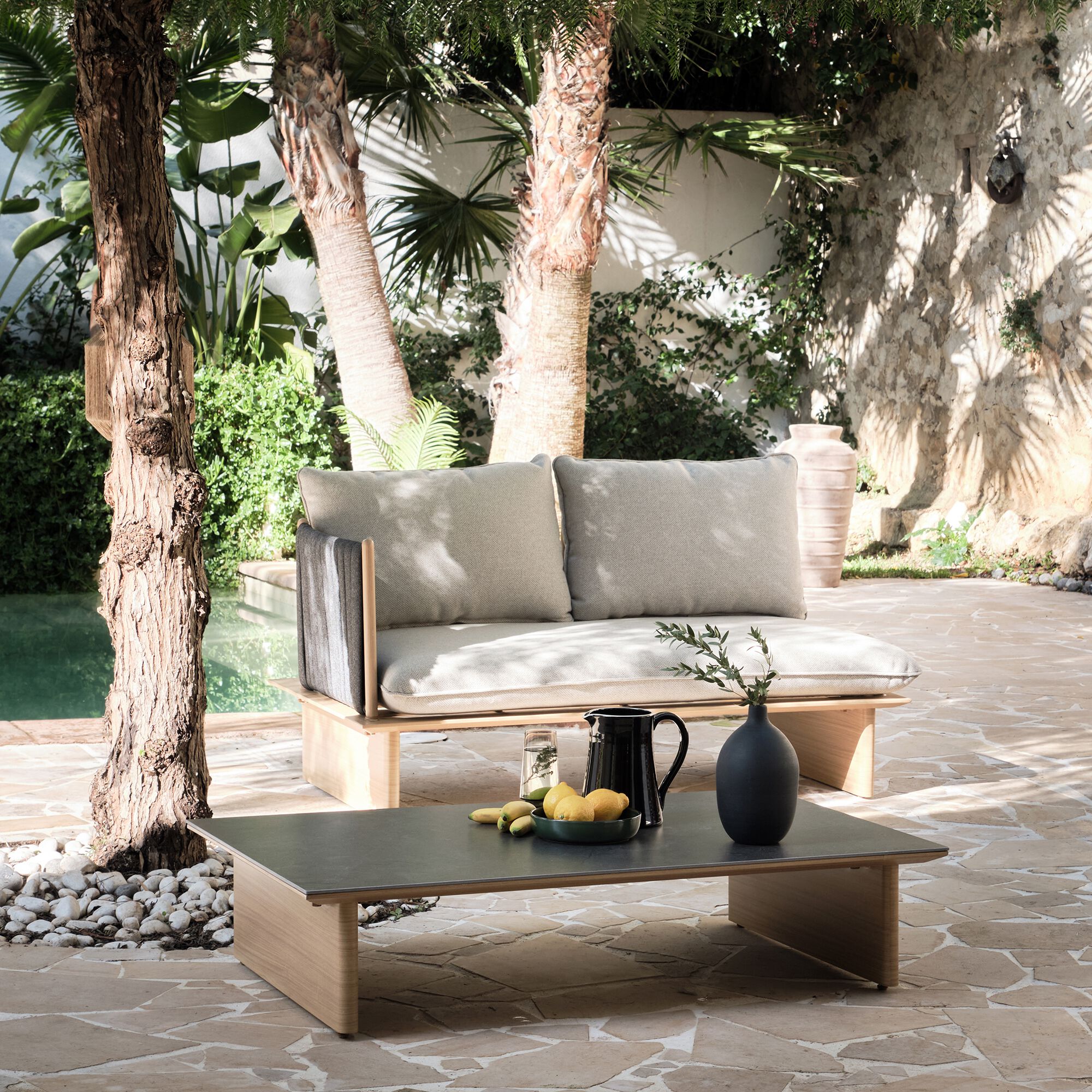 PORTO CERVO - Canapé de jardin en aluminium effet teck et corde - gris (2 places)