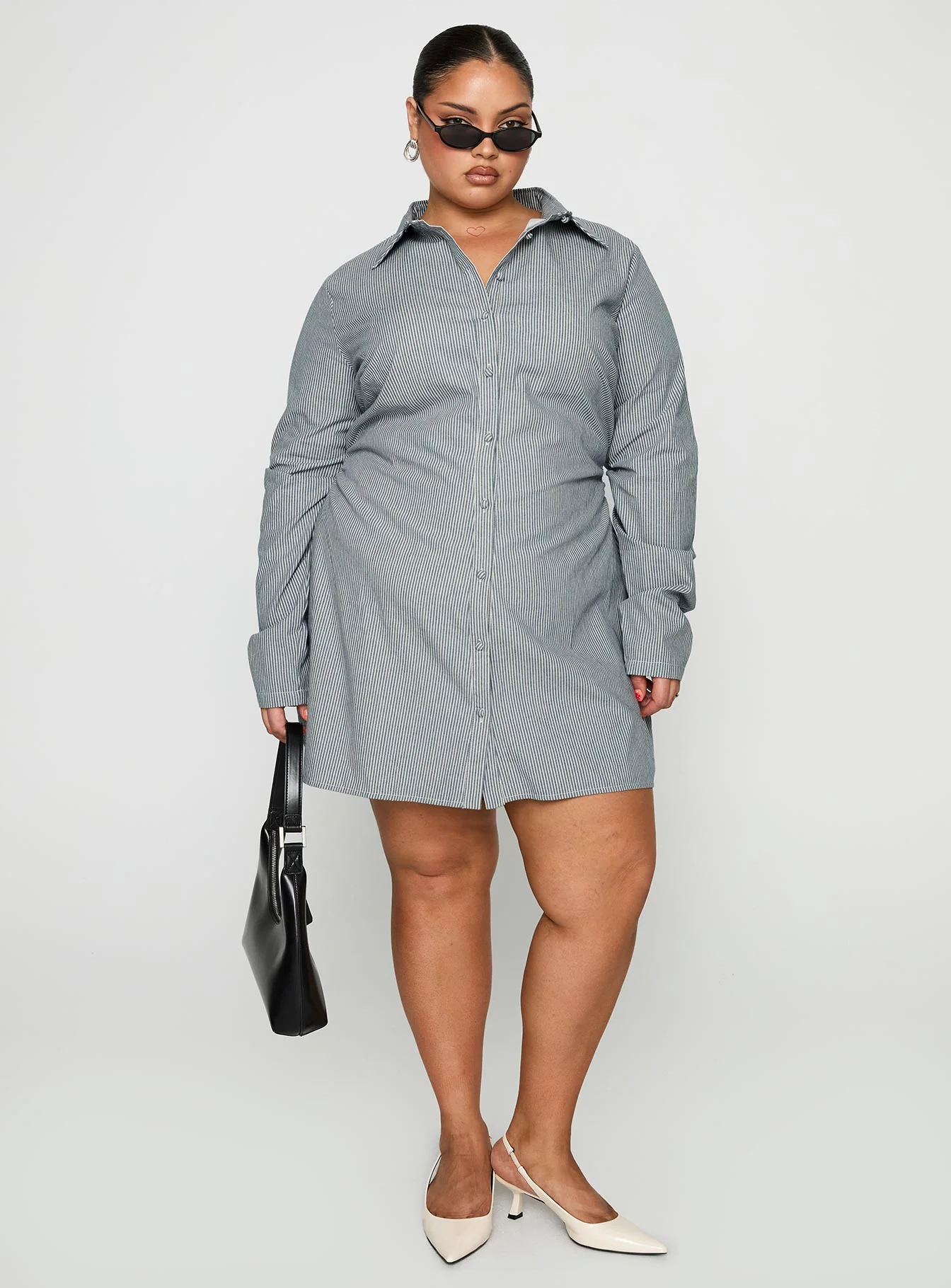 Publicity Long Sleeve Mini Dress Blue Pinstripe Curve