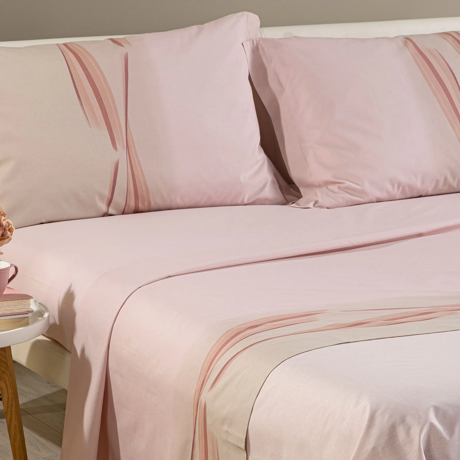 Completo Lenzuola In Cotone Night Francese 2 Federe Cipria Caleffi