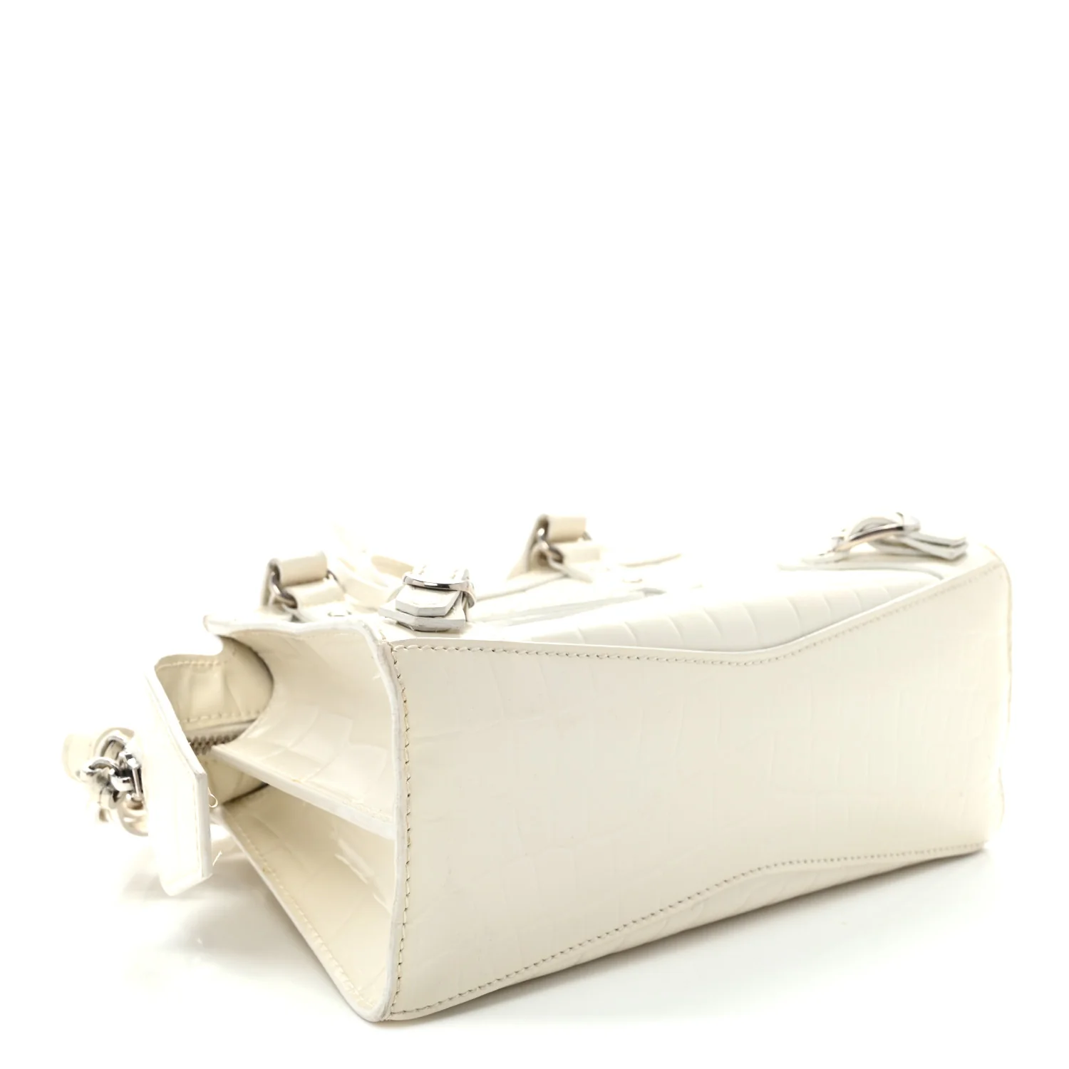 Semi Shiny Calfskin Crocodile Embossed Neo Classic Silver Hardware Nano City Crossbody White - Top Club