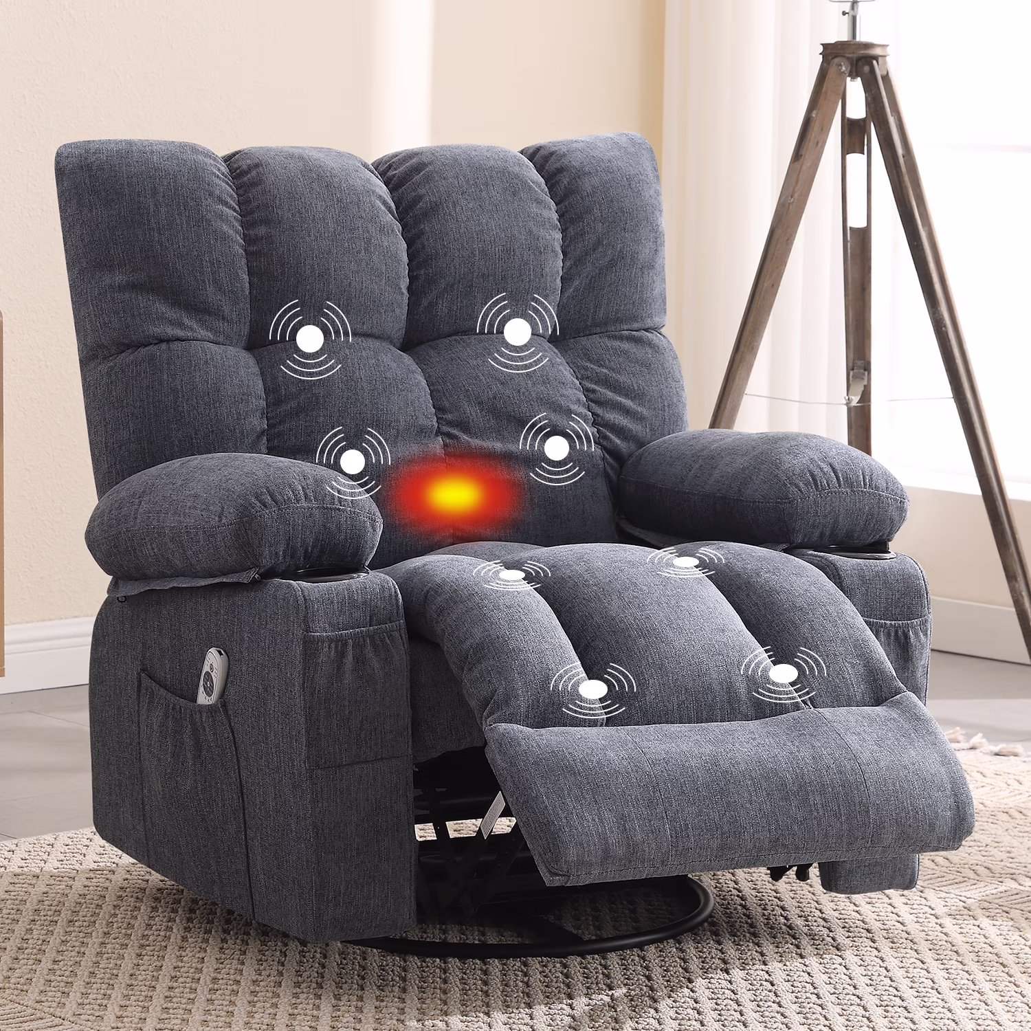 JONPONY Manual Recliner Chair with Heat Therapy and Massage Function, Heavy Duty Reclining Mechanism Massage Chair, Elderly Single Rocker Sofa with Cup Holders for Bedroom Home Theater, Grey