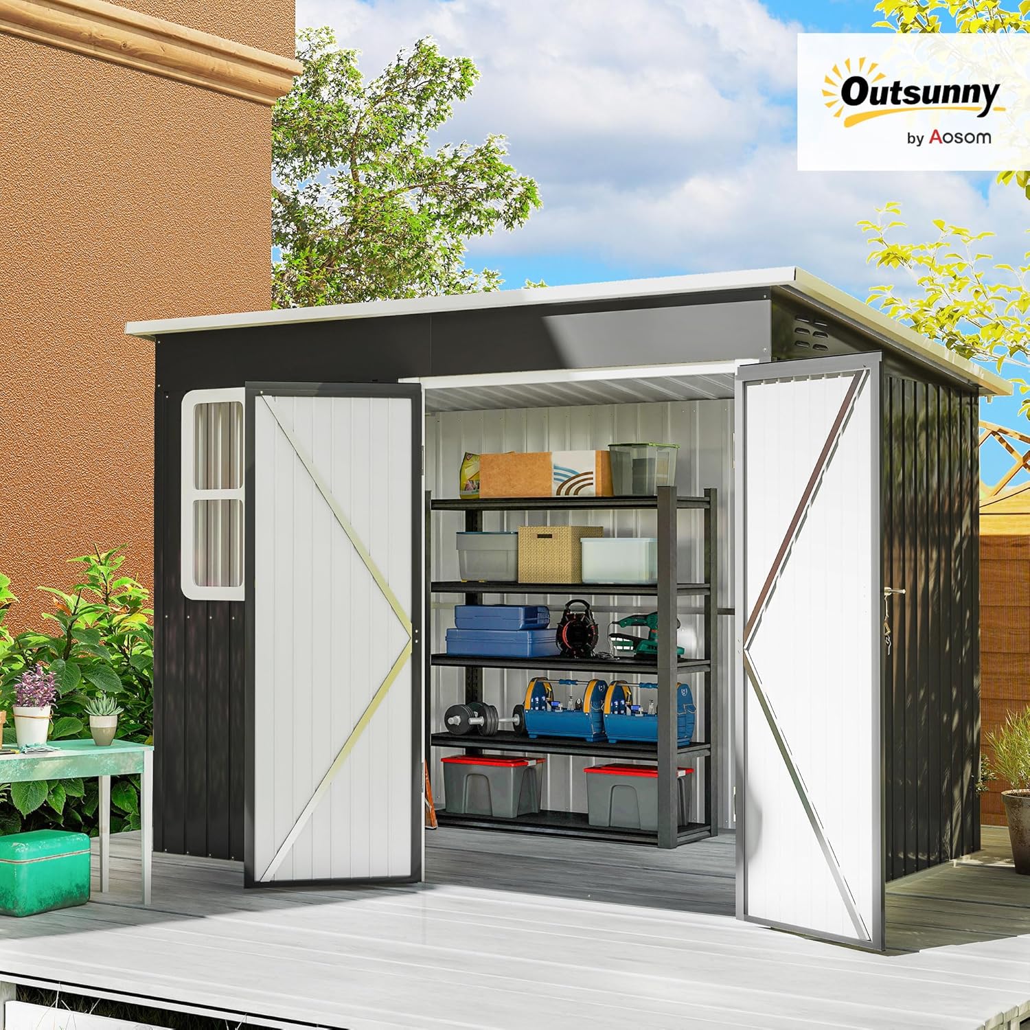 Casetta per attrezzi Outsunny 4,13 m³, casetta da giardino, 260 x 177 x 190 cm, casetta per attrezzi con finestra, porta con serratura, garage per biciclette, mobile da giardino in acciaio, per