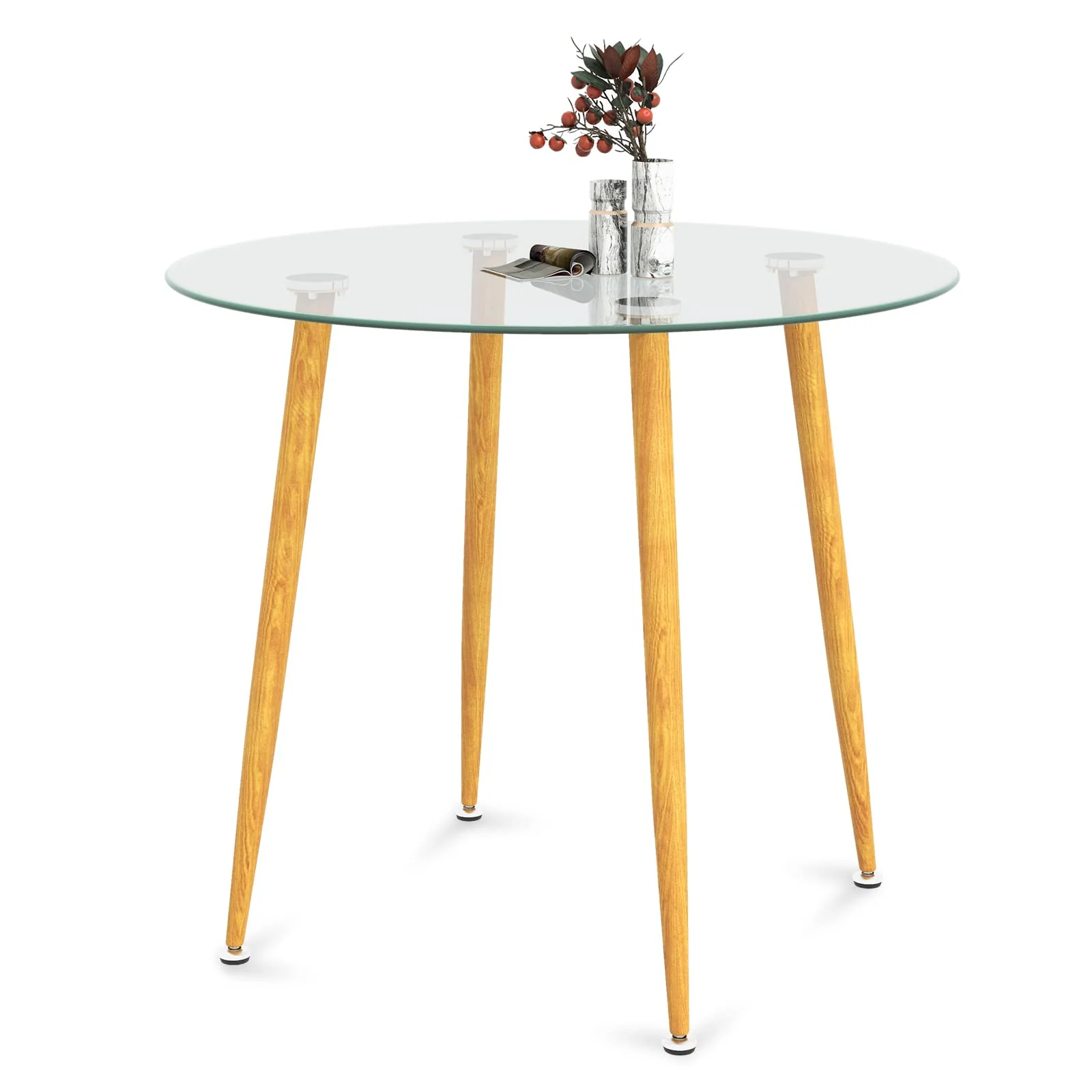BEFOUNDLOVELY Round Glass Dining Table, Kitchen Dinner Table w/Tempered Glass Tabletop & Metal Legs