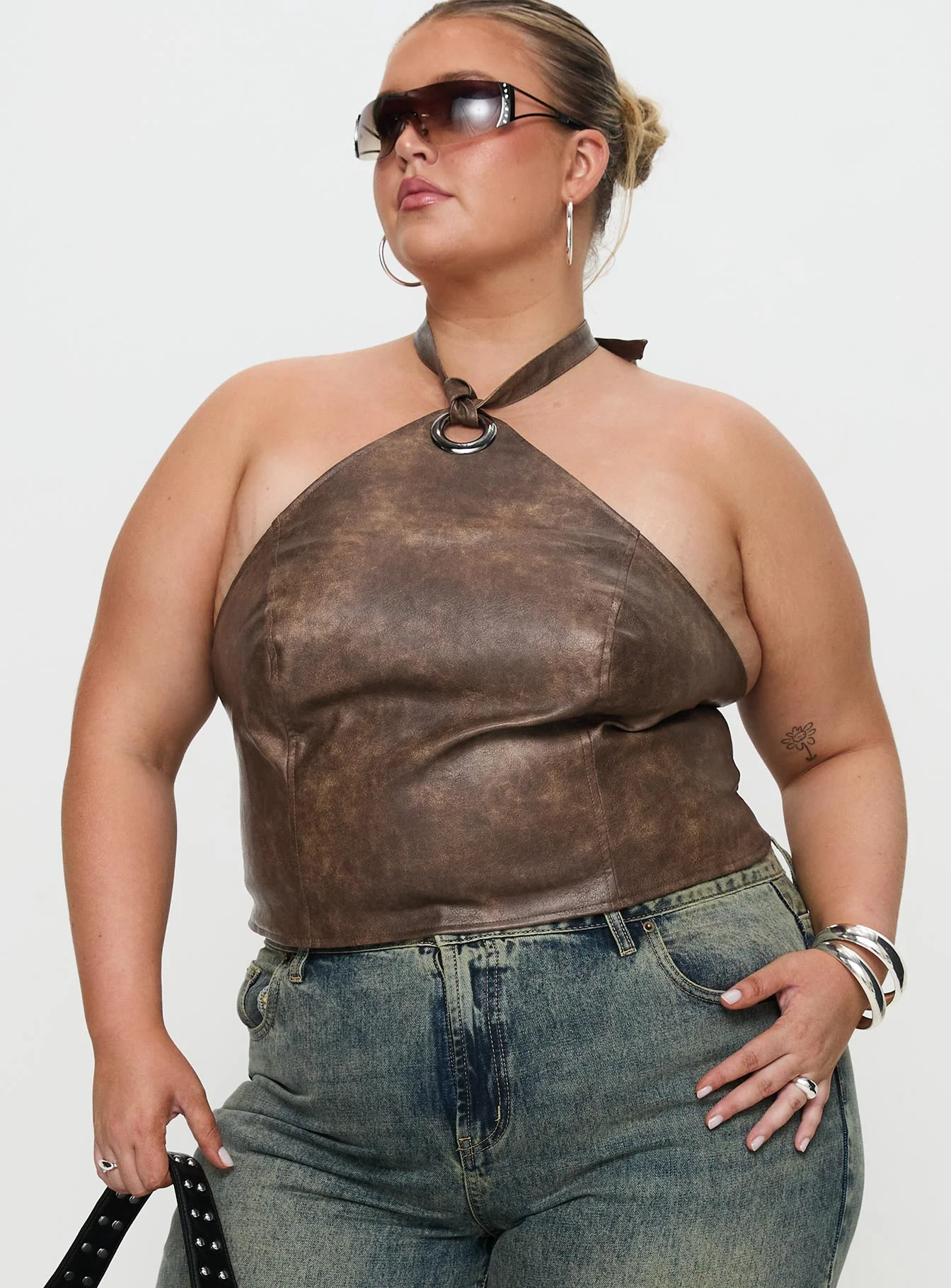 Treat You Better Ring Detail Faux Leather Top Brown Curve