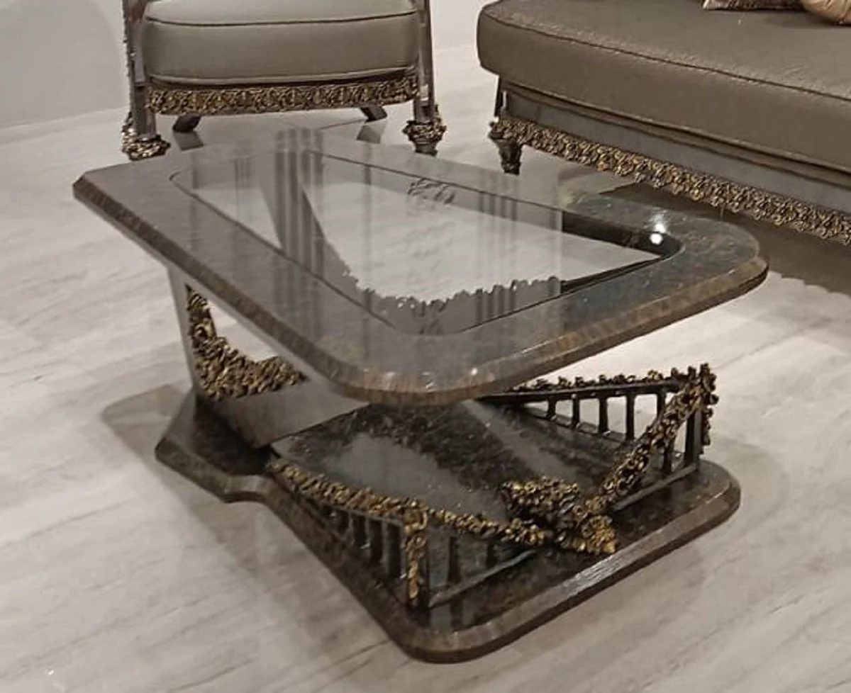 Luxury Baroque Living Room Set Gray / Gold - 2 Baroque Sofas & 2 Baroque Armchairs & 1 Baroque Coffee Table with Glass Top - Handcrafted Luxury Living Room Furniture in Baroque Style