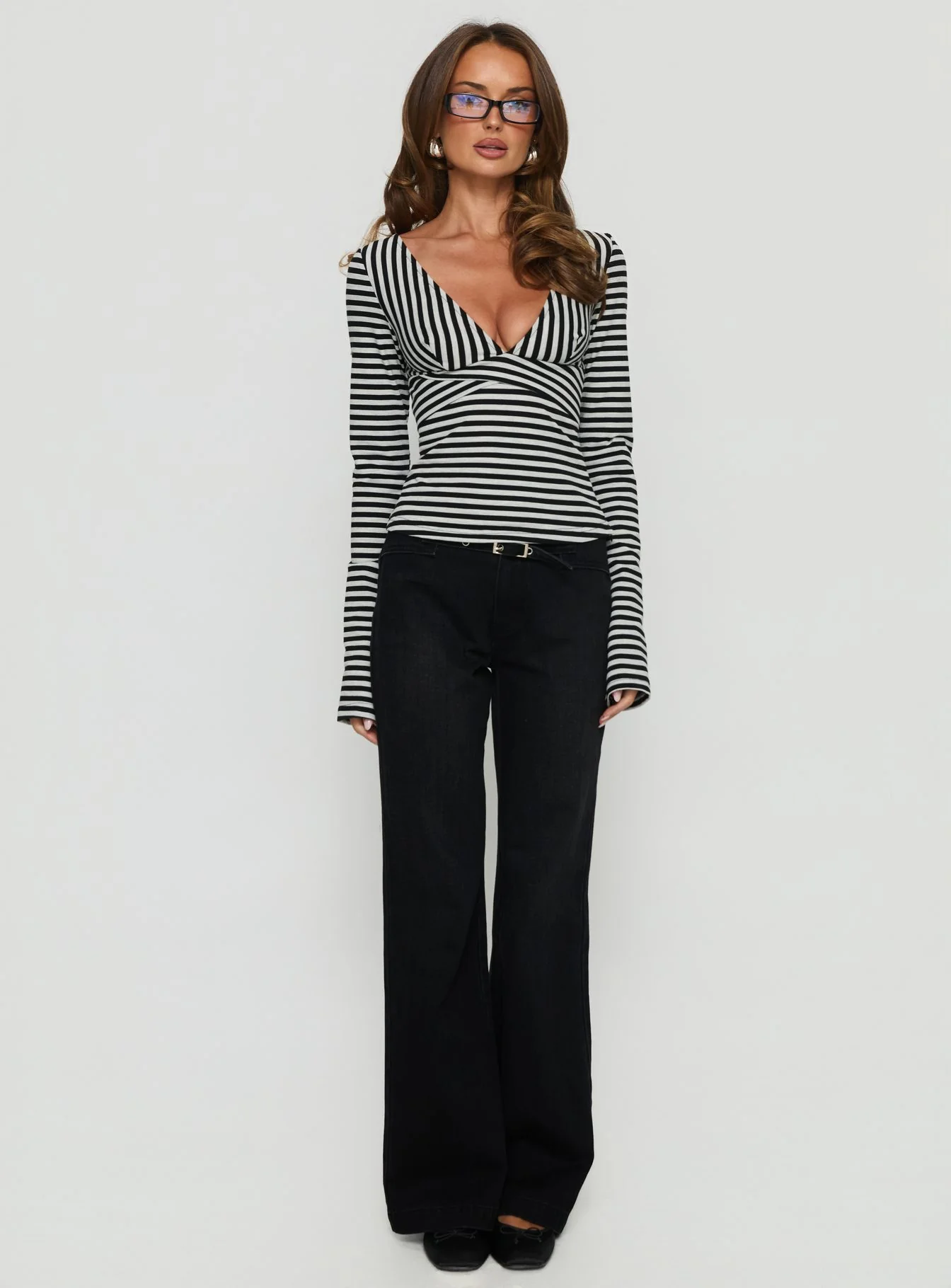 Madelon Long Sleeve Wrap Top Black / Grey Stripe