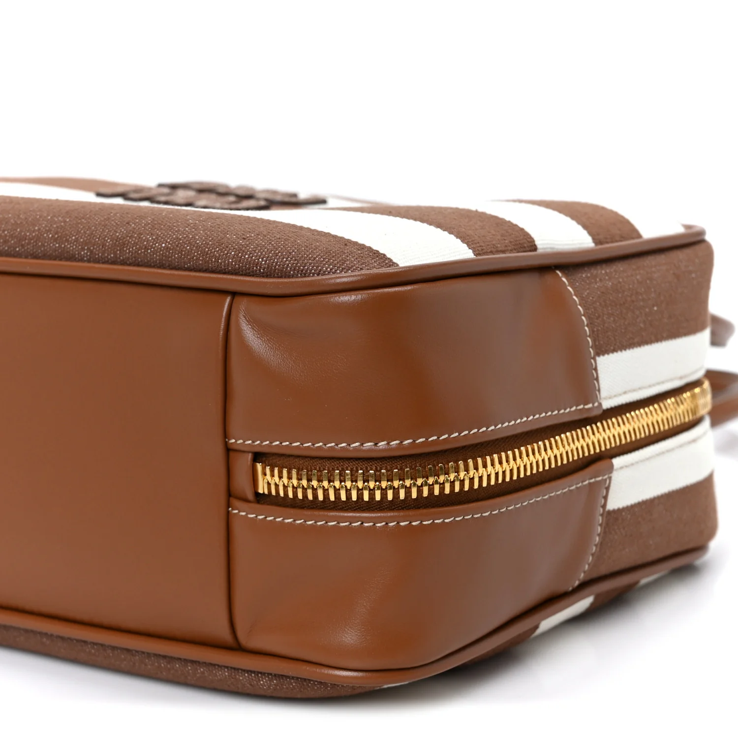 Canvas Calfskin Striped Large Beau Top Handle Bag Naturale Brandy - Top Club