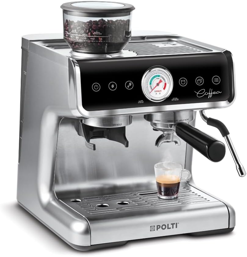 Polti Coffea G50S, Macchina da Caffè con Macina Grani Integrato, per Espresso e Cappuccino, 30 Livelli di Macinatura, Steamymilk Professionale per Montare il Latte, Argento