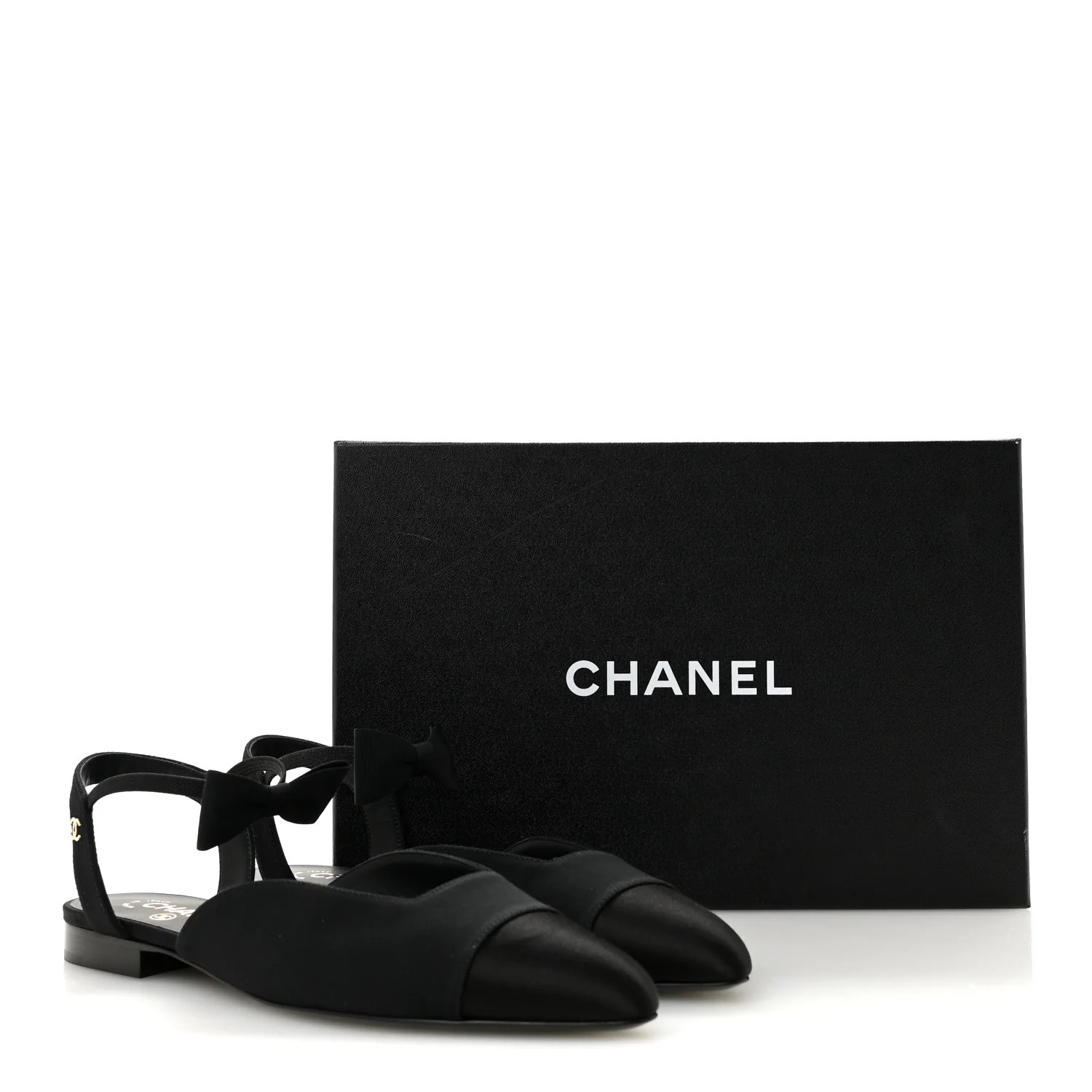 Satin Slingback Cap Toe Bow Flats 39.5 Black - Top Club