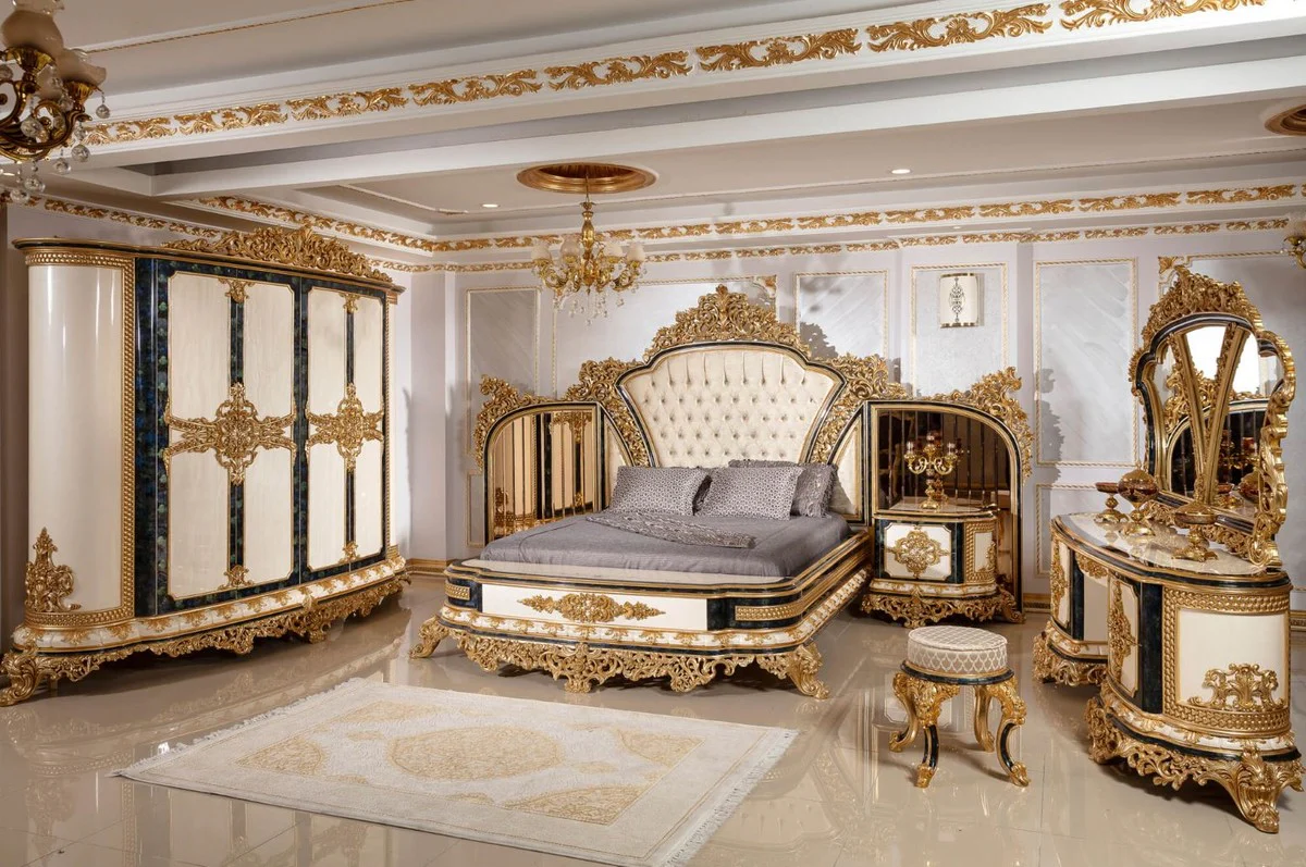 Luxury Baroque Nightstand Set White / Blue / Gold - Magnificent Solid Wood Bedside Tables - Baroque Bedroom Furniture - Noble & Magnificent