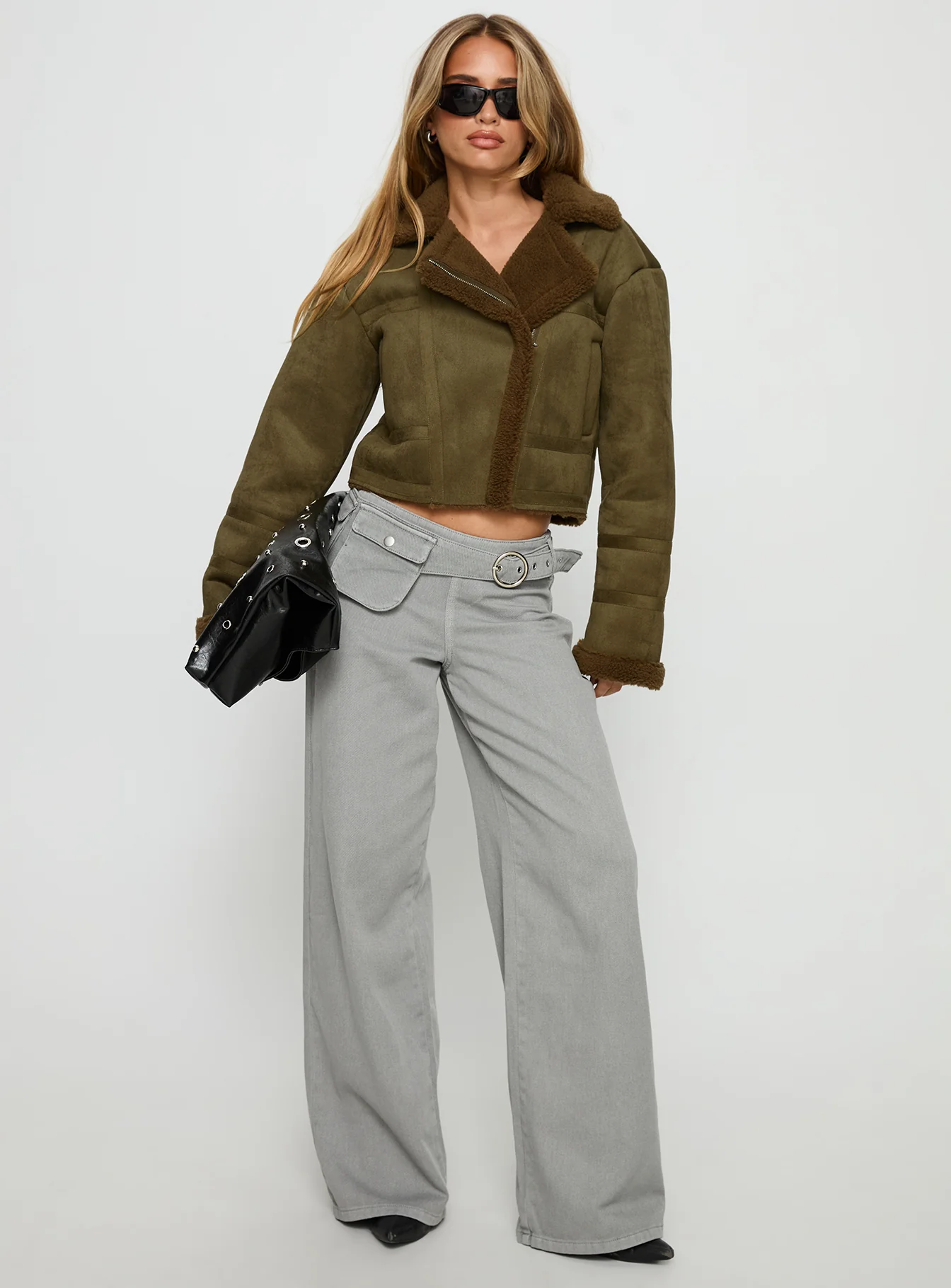 Swooning Cropped Faux Suede Jacket Green