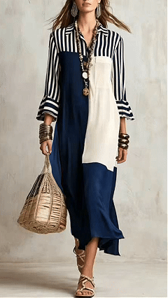 Women's Navy & Off-white Striped Collared Color-block Long Sleeve Dress - Nordfashionstorm - Women's Clothing, Fashion for You - Nordfashionstorm.com