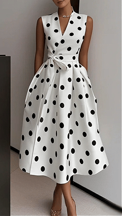 Women's Cotton-Blend V-Neck Polka Dot Tie-Waist Sleeveless Midi Dress - Nordfashionstorm - Women's Clothing, Fashion for You - Nordfashionstorm.com