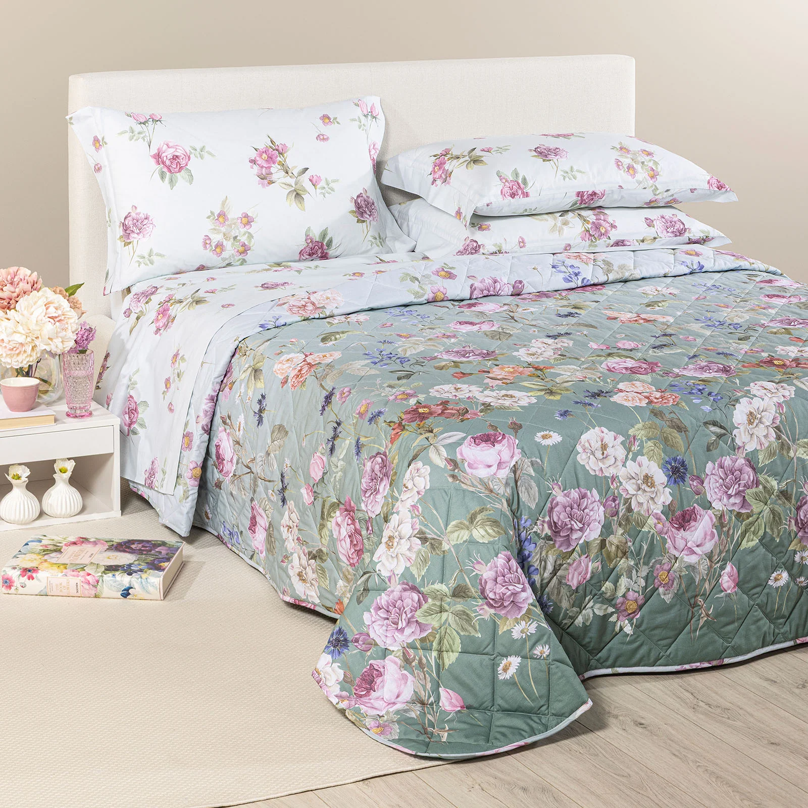 Copriletto Trapuntato In Cotone Giardino Romantico Matrimoniale Giada Caleffi