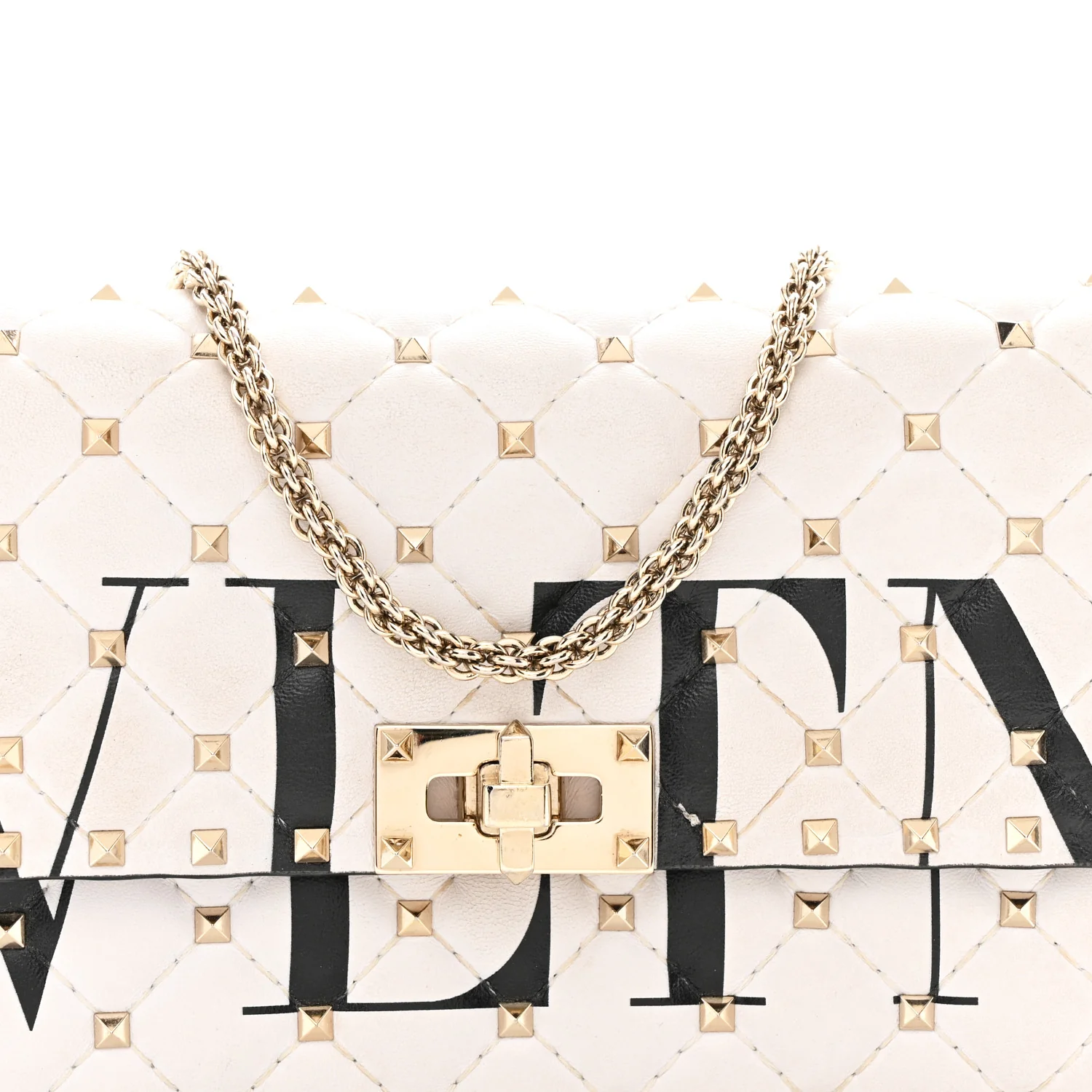 Lambskin VLTN Print Rockstud Spike Wallet On Chain White - Top Club