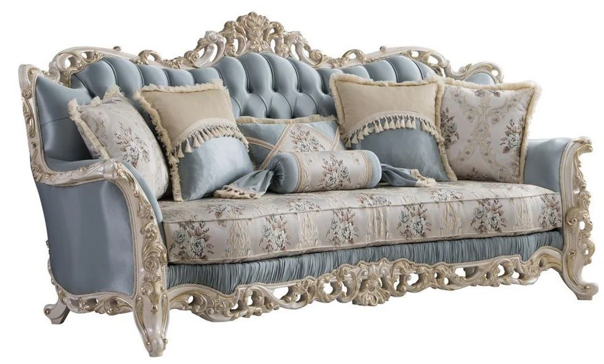 Luxury Baroque Living Room Set Light Blue / Cream / White / Gold - 2 Sofas & 2 Armchairs & 1 Coffee Table - Noble Baroque Living Room Furniture