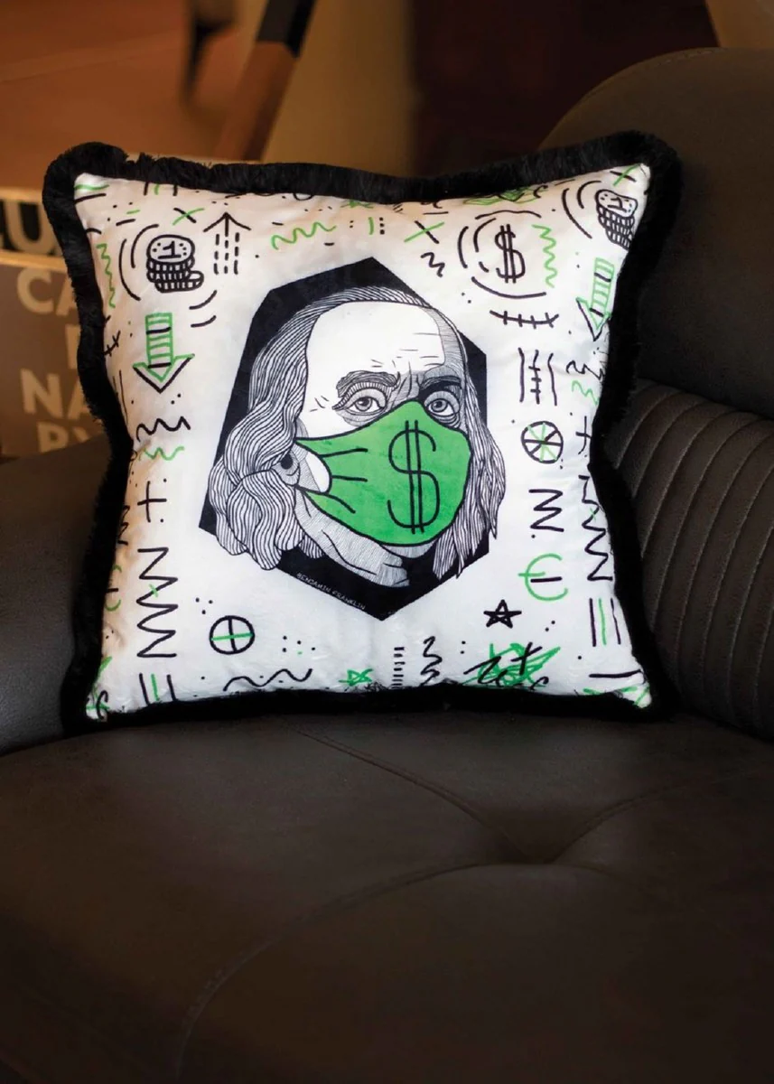 Luxury decorative cushion white / green / black 45 x 45 cm - printed velvet cushion with fringes - luxury decorative accessories
