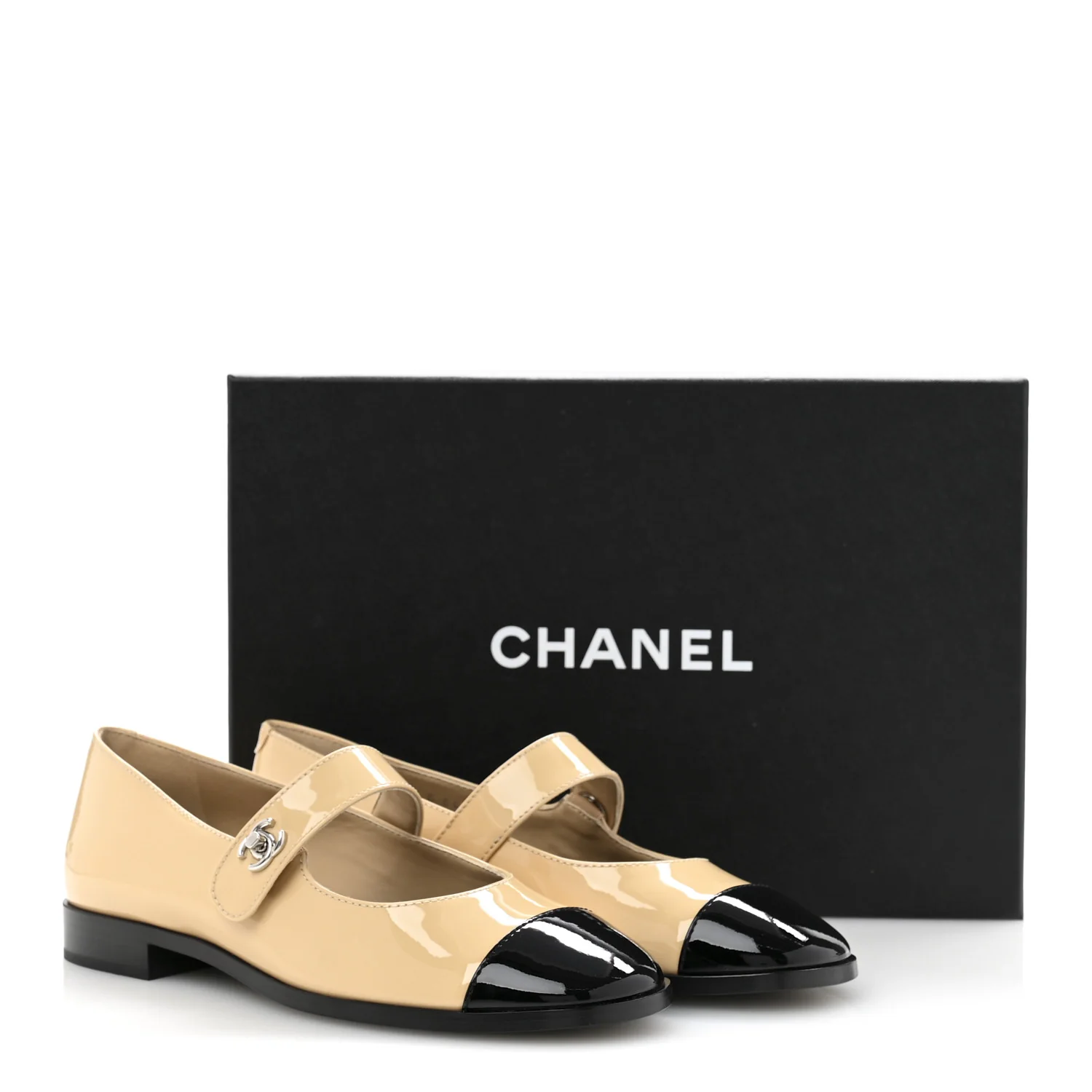 Patent Calfskin Mary Janes Flats 37 Beige Black - Top Club