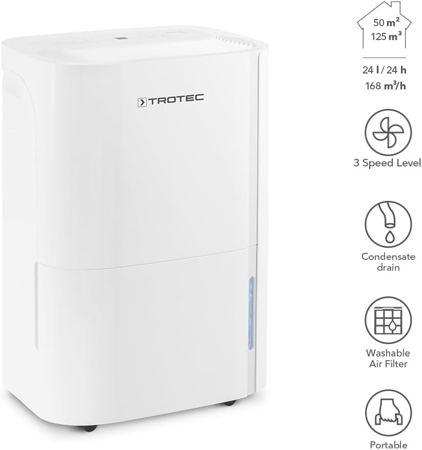 TROTEC Deumidificatore elettrico TTK 66 E – potenza 24 L/giorno – superficie 50 m² / 125 m³ – con spegnimento automatico – per appartamenti e camere da letto