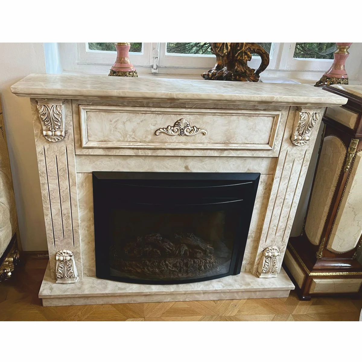 Luxury baroque electric fireplace with remote control cream 118 x 32 x H. 96.5 cm