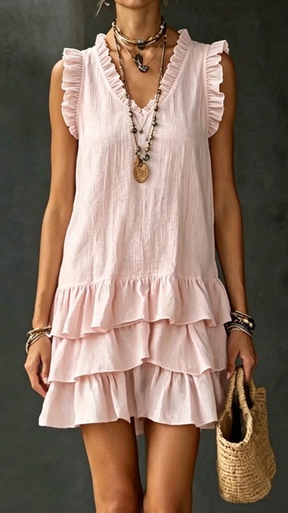 Women's Casual V-Neck Ruffle-Trim Tiered Dress — Sleeveless Tank Dress - Nordfashionstorm - Women's Clothing, Fashion for You - Nordfashionstorm.com
