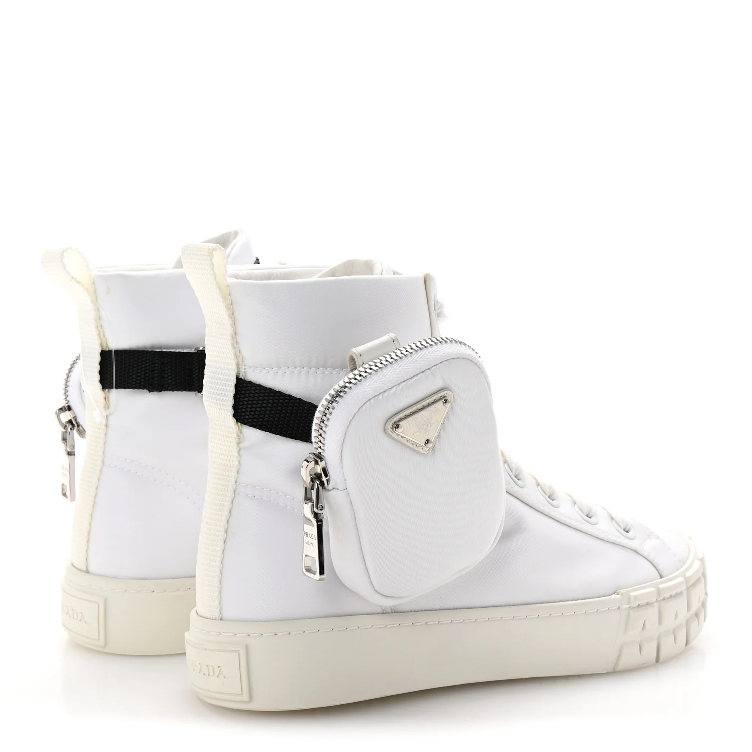Re-Nylon Gabardine Metal Triangle Logo Wheel Pouch Pocket High Top Sneakers 36 White - Top Club