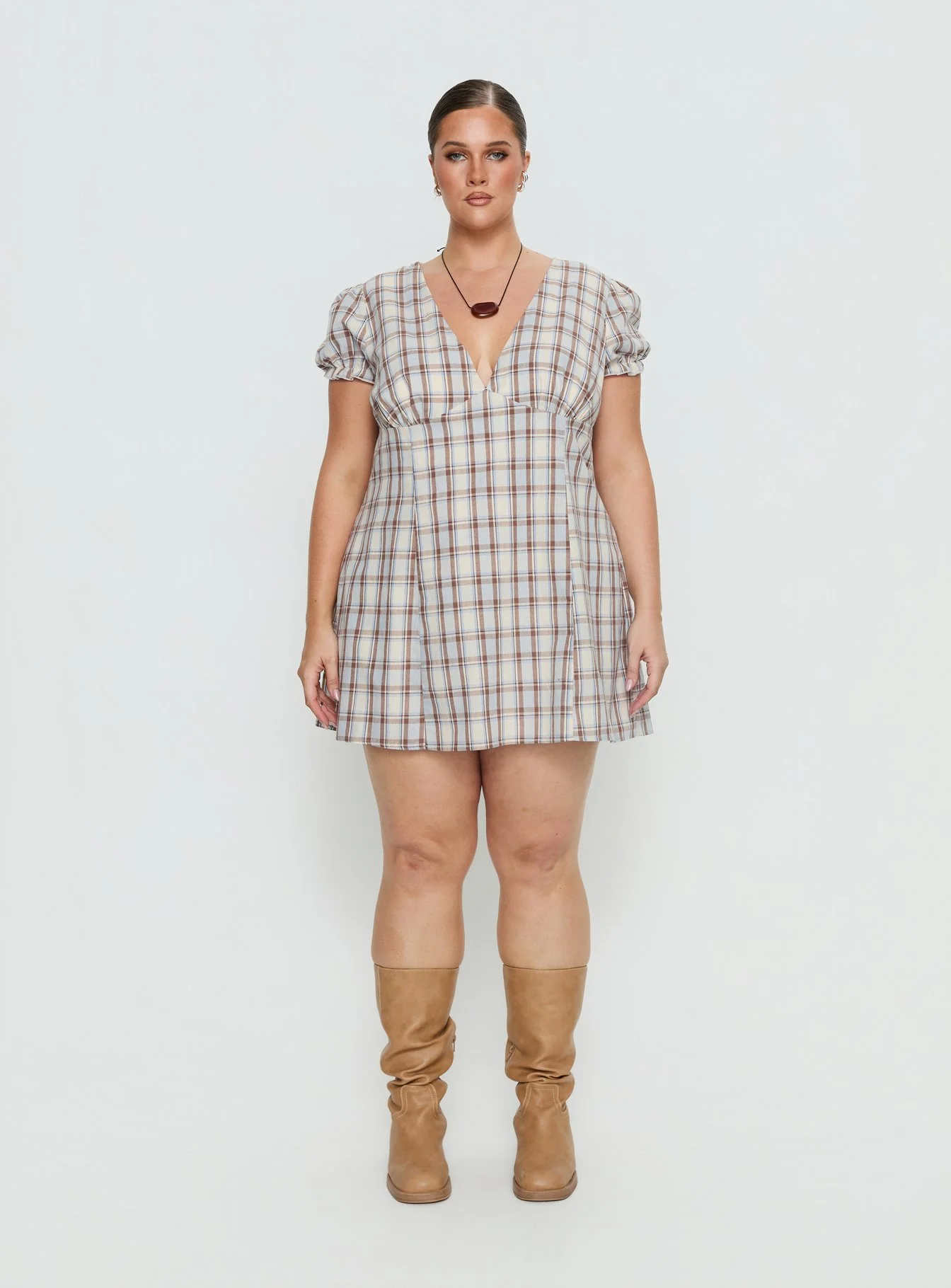 Mystee Plunge Neck Playsuit Blue Check Curve
