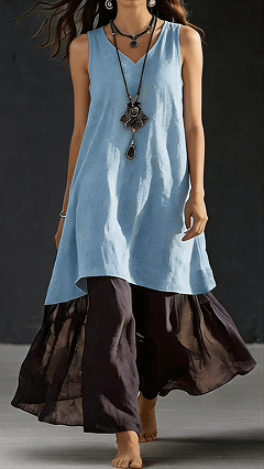 Women's Cotton‑blend Light‑blue V‑neck Sleeveless Color‑block Spliced Loose Maxi Dress - Nordfashionstorm - Women's Clothing, Fashion for You - Nordfashionstorm.com