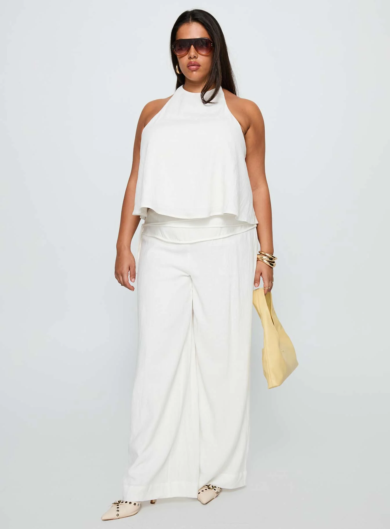 Aquaria Halter Linen Blend Top White Curve