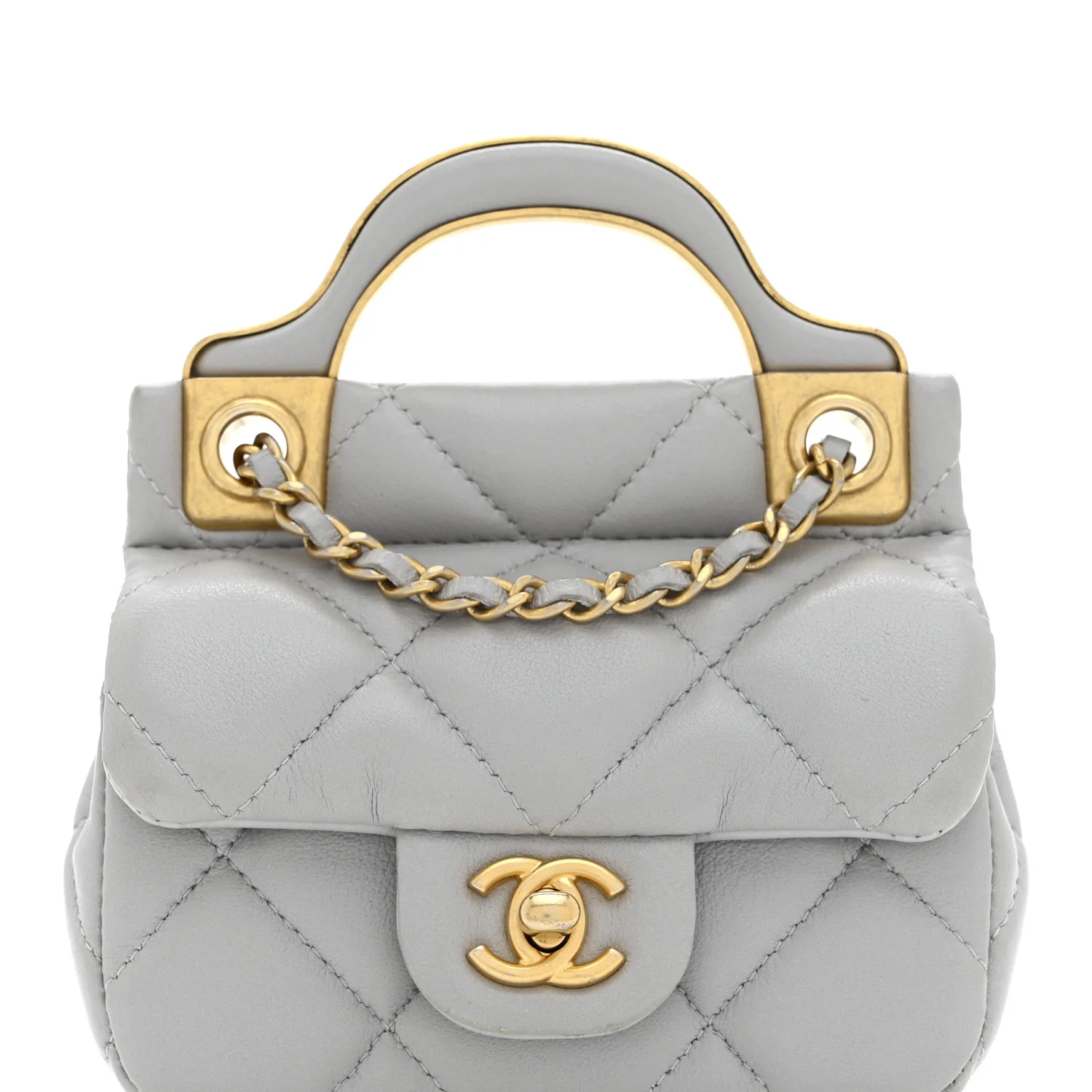 Calfskin Quilted Lady Handle Flap Card Holder With Chain Grey - Top Club
